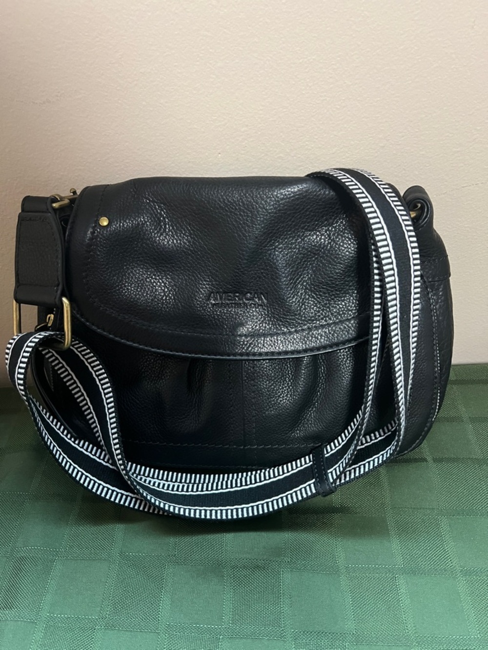 American Leather Co Black Leather Crossbody with Striped Canvas Strap